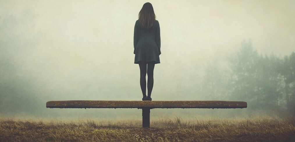 Woman standing alone on a balance beam in a misty field