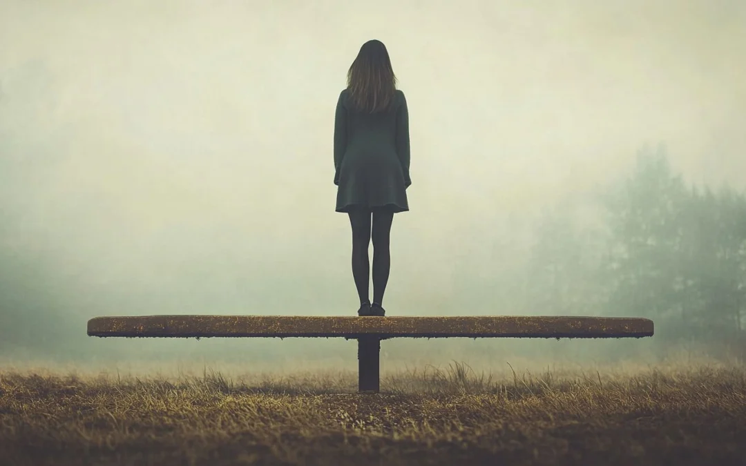 Woman standing alone on a balance beam in a misty field