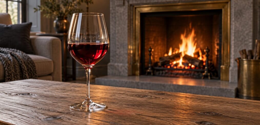 Glass of red wine on a wooden table by an open fire